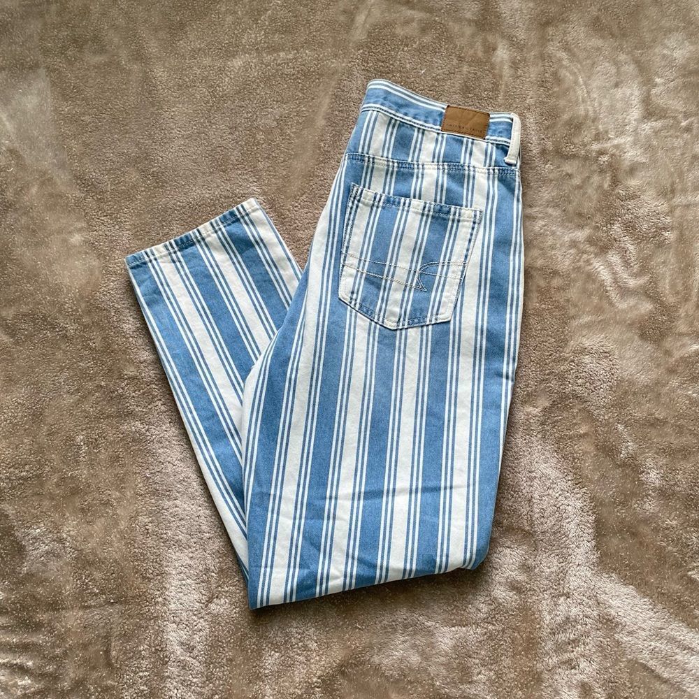 American Eagle Blue Striped High Waisted Mom Jeans